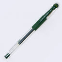 A Uni-ball Signo DX ballpoint pen with a translucent clear barrel, dark green grip, and dark green ink cartridge, shown diagonally on a white background.