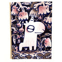 Artwork of a whimsical white unicorn standing in a dense forest of pink and gray mushrooms, with a light wood-toned left edge visible, photographed against a plain white background.