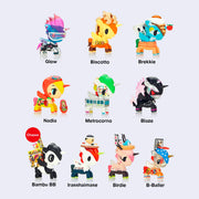 10 varying designs of unicorn figures, including: glow, biscotto, brekkie, nadia, metrocorno, blaze, bambu bb, irasshaimase, birdie and b-baller.