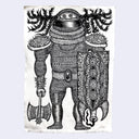 Illustration of a figure in medieval armor holding an axe on a white background