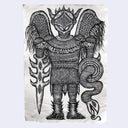 Black and white illustration of a winged creature with intricate patterns on a light background