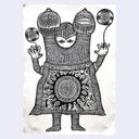 Black and white illustration of a patterned figure with spherical objects on a light gray background