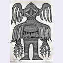 Black and white intricate design of a creature with wings on a light background