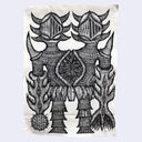 Black and white medieval design on a textured fabric background