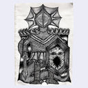 Detailed black and white illustration of a dragon-like creature with armor on a light gray background