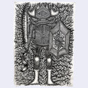 Black and white illustration of a creature with armor and a spear on a textured background