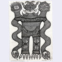 Black and white intricate drawing of a creature with snake-like appendages on a light purple background.