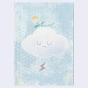 Painting of a white cloud with a simple closed eye expression. A single lightning bolt is below and a small yellow flower balancing atop its head.
