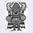Black and white intricate design of a figure with armor on a light gray background