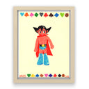 Illustration of a character akin to Astroboy with a Kewpie style face, with black shiny pointed hair, shiny underwear and large boots. He wears a red cape and looks off to the side. A drawn border on the top and bottom consists of various card suits.