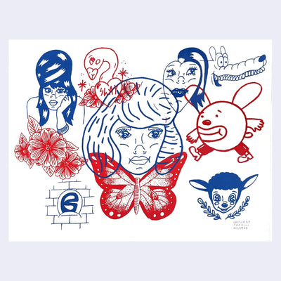 Screenprint in blue and red ink of many different drawings compiled together like a collage. Drawings range in subject matter: women, butterflies, flowers, cartoon dogs and rabbits.