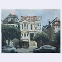 An impressionistic painting of a row of Victorian-style houses on a hillside, with trees in the foreground and two cars parked at the bottom. The central house is light-colored with a staircase leading up the front.