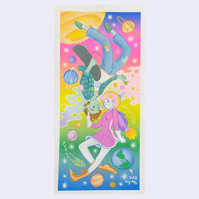 Risograph print of a girl in a pink dress and a boy dressed as a skater, floating in a colorful space setting. They look at each other lovingly.