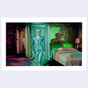 Painting of a woman walking through a neon lit bedroom.