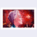 Artistic depiction of a person with gray hair against a red background