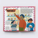 Illustrated book page with children at a store counter, text about 'Very Portable' food item, and colorful graphics.