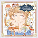 Coloring book cover with a girl in a Victorian setting, surrounded by gears and a telescope.