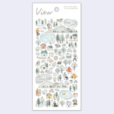 Sheet of illustrated stickers featuring various scenes and activities on a white background.