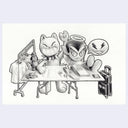 Cartoon characters at a table with various items on a white background