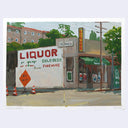A gouache painting depicting a vintage street scene with a white wall sign reading 'LIQUOR COLD BEER FINE WINE' in red and green lettering, alongside a liquor store storefront, trees, and buildings. 
