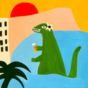 Painting of a green cartoon style Godzilla, wading in the ocean with a tropical drink in one hand and a flower pinned to its head. A palm tree is silhouetted and a yellow beach follows the curve of the water.