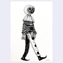 Black and white illustration of a character with an alien head on a light purple background