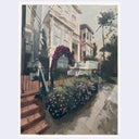 A watercolor painting of a Victorian-style house on a hillside, featuring a stone sidewalk, brick steps, purple flowers, and palm trees under a pale sky.