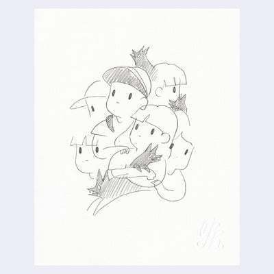 Graphite illustration of a group of kids holding dogs.