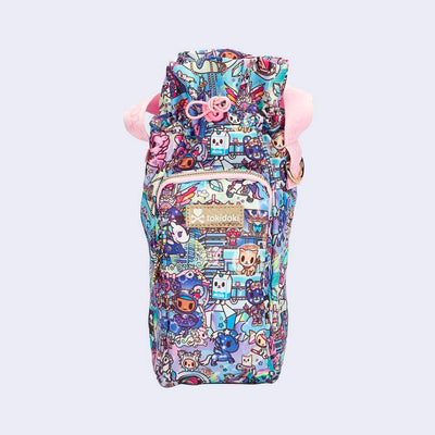 Tall rectangular shaped bag, made for fitting a reusable water bottle inside. Bag features pastel pink colored fabric detailing, around the zipper and as the handles/straps. Bag has a small "tokidoki" nameplate on the center and is covered completely in a busy colorful pattern featuring tokidoki characters with with galactic and sci fi imagery.