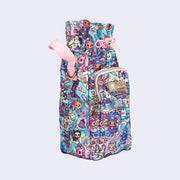 Tall rectangular shaped bag, made for fitting a reusable water bottle inside. Bag features pastel pink colored fabric detailing, around the zipper and as the handles/straps. Bag has a small "tokidoki" nameplate on the center and is covered completely in a busy colorful pattern featuring tokidoki characters with with galactic and sci fi imagery.