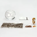 A kit laid out on a white background, including a clear round glass bowl, a small orange-and-white cat figurine, a packet of dark brown soil, a small clear packet with seeds, an orange fish-shaped piece, and a small instruction card.