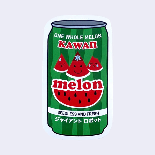 Die cut sticker of a green can of juice, striped like a watermelon with cute graphics of watermelon slices on the front. Can reads "One whole melon Kawaii"