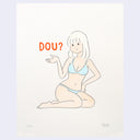 Illustration of a cartoon style woman with mid-length white hair in a light blue bikini with 'DOU?' text hovering over her outstretched hand.