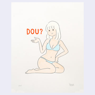Illustration of a cartoon style woman with mid-length white hair in a light blue bikini with 'DOU?' text hovering over her outstretched hand.