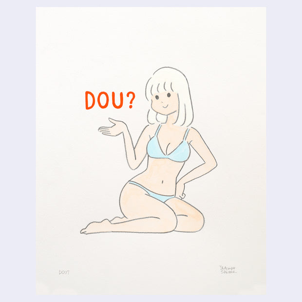 Illustration of a cartoon style woman with mid-length white hair in a light blue bikini with 'DOU?' text hovering over her outstretched hand.