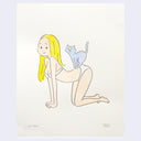 Illustration of a woman wearing a white underwear set with a cat on her back.