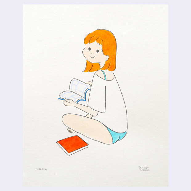Illustration of a cartoon girl sitting down on the floor and reading a book. She has short orange hair and looks over her shoulder, smiling.