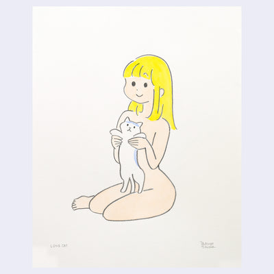 Illustration of a woman with yellow hair sitting nude and holding a cat.