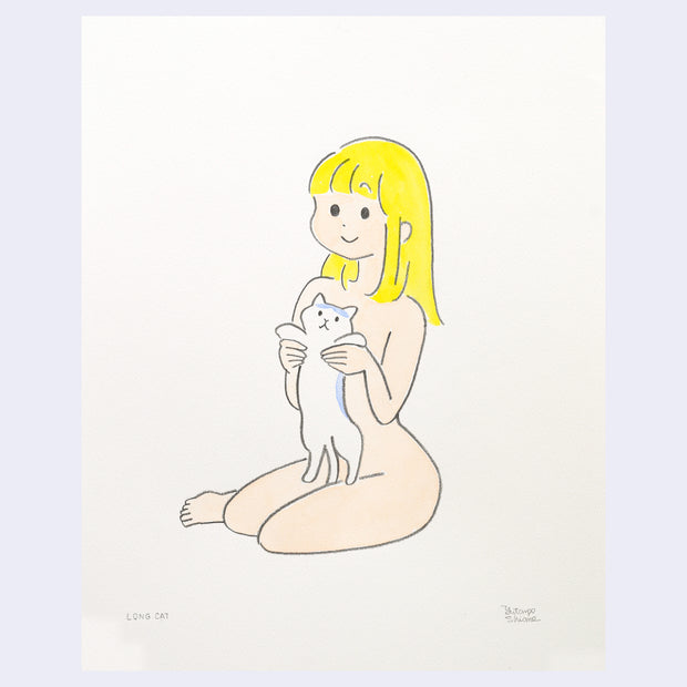 Illustration of a woman with yellow hair sitting nude and holding a cat.