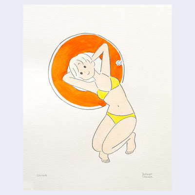 Illustration of a person in a yellow bikini laying on their back against an orange inflatable tube.