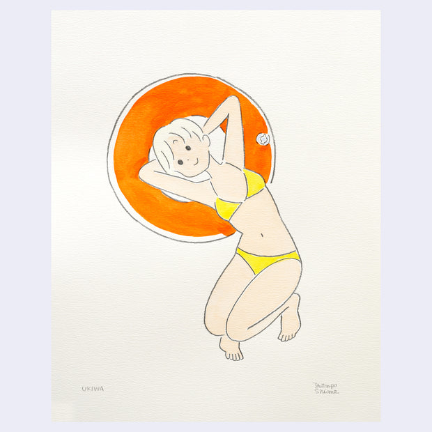 Illustration of a person in a yellow bikini laying on their back against an orange inflatable tube.