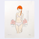 Illustration of a woman in light pink lingerie with a cityscape in the background