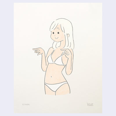 Illustration of a woman in a white bathing suit or underwear, she points both of her fingers and smiles.