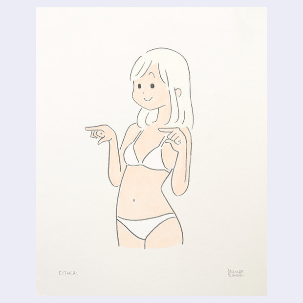 Illustration of a woman in a white bathing suit or underwear, she points both of her fingers and smiles.