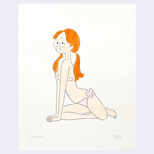 Illustration of a cartoon girl with long red hair, in pigtails, posing in a pink bikini with bows on the side.