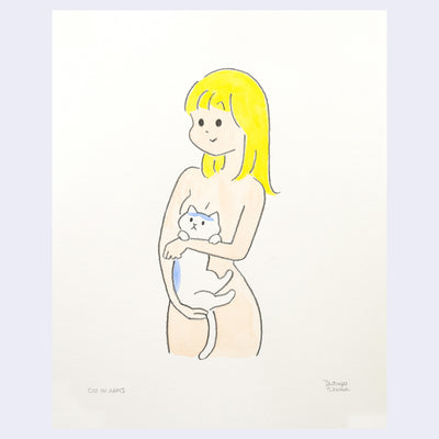 Illustration of a woman with yellow hair holding a white cat with blue spots. She is naked and the cat hides parts of her body.