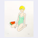 Illustration of a blonde short haired woman  in a green swimsuit with a watermelon slice on a light purple background