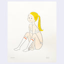 Cartoon illustration of a woman sitting in her white underwear and thigh high socks. She has a smile and a long blonde ponytail.