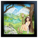 Illustration on several layers of cut and assembled paper of a girl with long brown hair and short white dress sitting against a tree in a grassy, expansive mountainous environment. She holds a staff with a rabbit on it and several small rabbits sit nearby, on high alert.