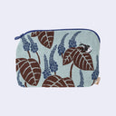 Fabric pouch with leaf pattern on a light blue background